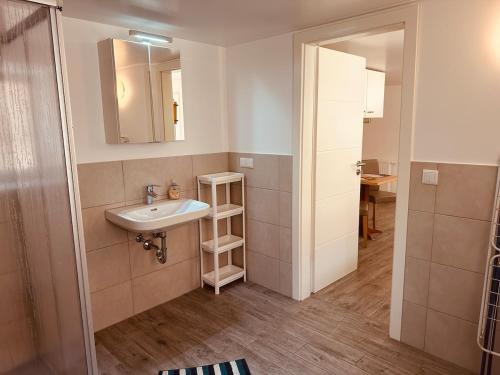 a bathroom with a sink and a mirror and a shower at StayHere24 Große Monteur- und Ferienwohnung am Auenwald in Schkeuditz