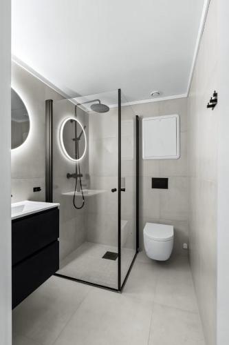 a bathroom with a shower and a toilet and a sink at Apartment in Gautefall in Drangedal