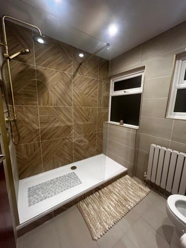 a bathroom with a shower and a toilet at Shirleys apartment in Rhyl