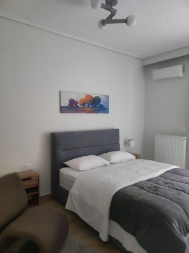ein Schlafzimmer mit einem Bett und einem Stuhl in der Unterkunft Urban Elegance in Larisa