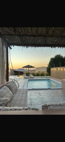 a swimming pool with an umbrella in a backyard at Liwa sunrise Farm in Liwa