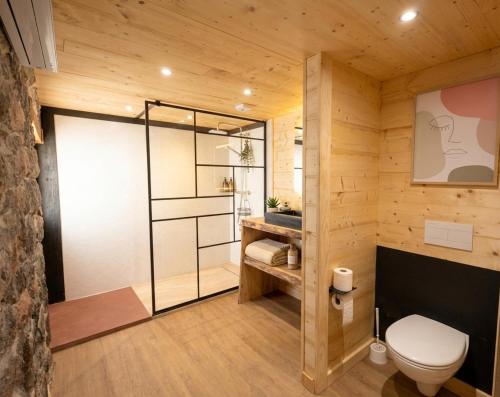 a bathroom with a toilet in a wooden wall at La Clochette d'Hiver Familial et espace Détente in Cornimont
