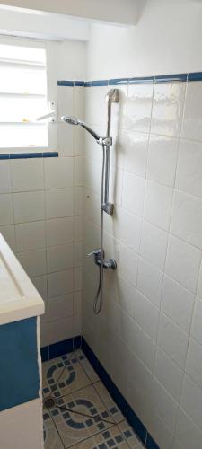 a shower stall in a bathroom with a window at Ti Cactus Guadeloupe in Sainte-Rose