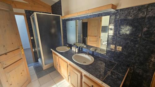a bathroom with two sinks and a large mirror at Appartement paisible in Saint-Cyprien