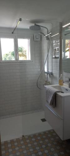 a bathroom with a tub and a sink and a shower at La troglo aux oiseaux in Montrichard