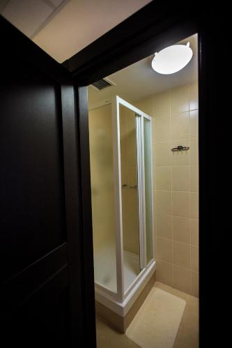 a bathroom with a shower with a glass door at 7 Days City Hotel in Dnipro