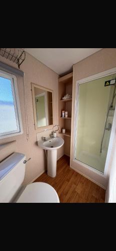 a bathroom with a toilet and a sink and a shower at J&A Caravan in Rhyl