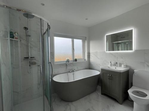 a bathroom with a tub and a shower and a toilet at Erne View Lodge in Lisnaskea