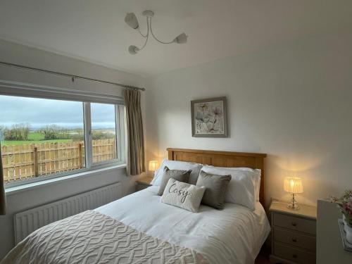 a bedroom with a bed and a large window at Erne View Lodge in Lisnaskea