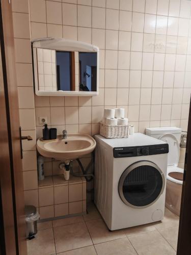 a small bathroom with a washing machine and a sink at Unterkunft 24 in Aldingen