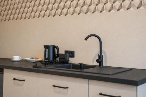 a kitchen counter with a sink and a coffee maker at Modernes Studio im Zentrum mit Parkplatz in Gummersbach