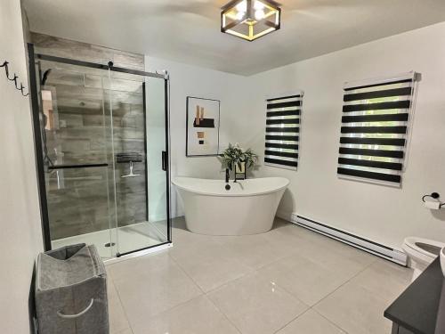 a bathroom with a tub and a glass shower at Sir'Eau d'Érable in St-Ferdinand