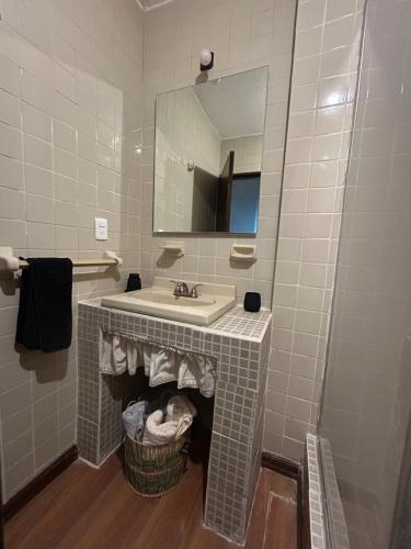 a bathroom with a sink and a mirror at Acogedor y céntrico Departamento in León