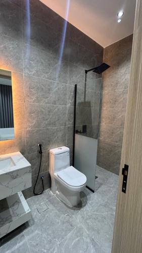 a bathroom with a toilet and a shower and a sink at The Queen Apartment in Jeddah