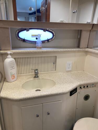a bathroom with a sink and a mirror at Vilamoura -Boat in Quarteira