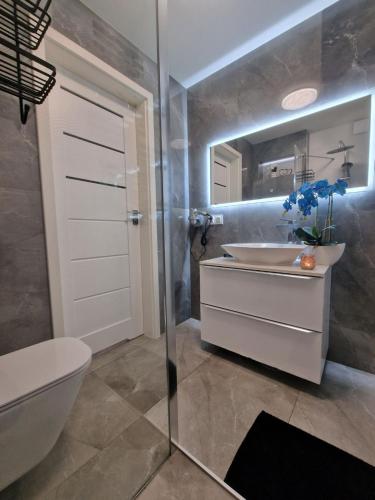 a bathroom with a sink and a toilet and a mirror at Angel in Kołobrzeg
