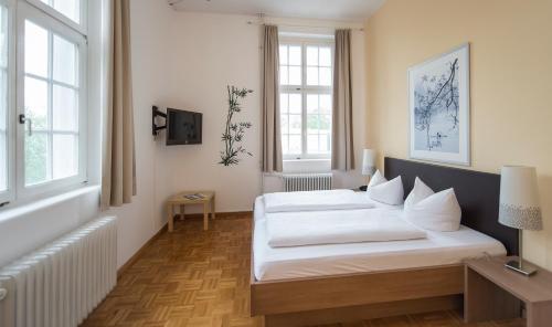 a bedroom with two beds and two windows at Apartment Hotel Konstanz in Konstanz