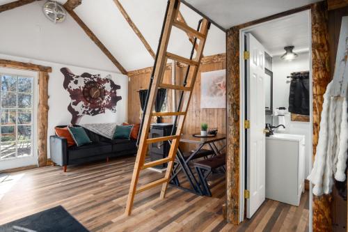 a ladder in a room with a couch and a table at Valley View Hideaway Cabin with Mountain Views in Miramonte