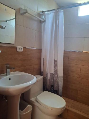 a bathroom with a sink and a toilet and a shower at Hospedaje AMAPI - San José in El Carmen
