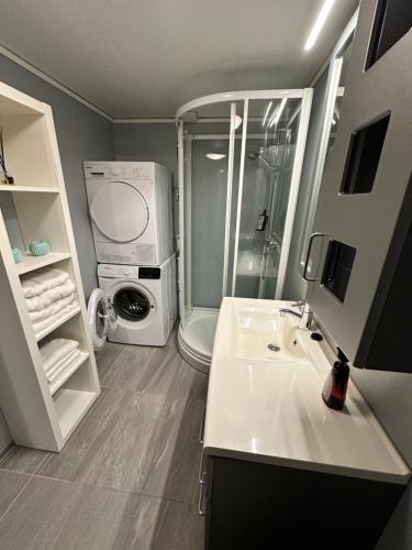 a bathroom with a toilet and a sink and a shower at Stavern Terrace in Larvik