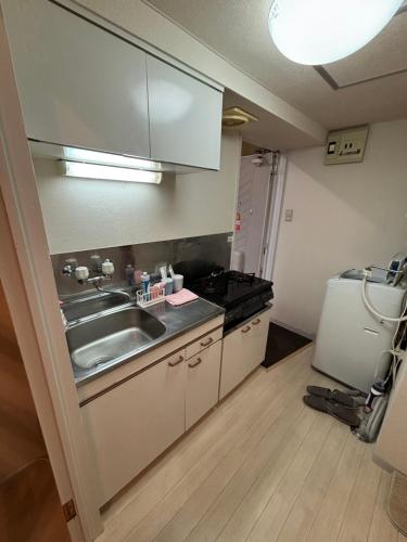 a small kitchen with a sink and a refrigerator at KIYAZA Road Sapporo in Sapporo