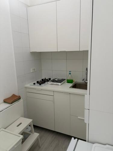 a white kitchen with white cabinets and a sink at INDUSTRIAL STUDIO 1 in Ljubljana