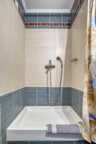 a bathroom with a bath tub with a shower at Platy Beach Hotel in Platy