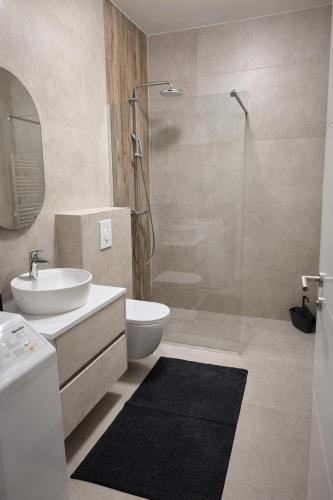a bathroom with a shower and a toilet and a sink at Ilma Apartmani Musique in Tuzla