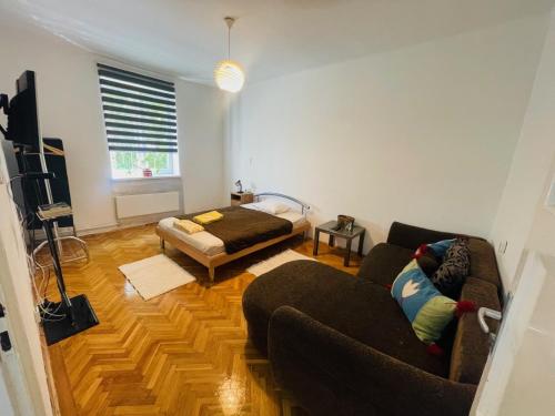 a living room with a couch and a bed at Downtown Apartman near City Center & Miskolc Plaza in Miskolc