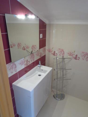 a bathroom with a white sink and a mirror at Oak Cottage in Ferreira do Zêzere