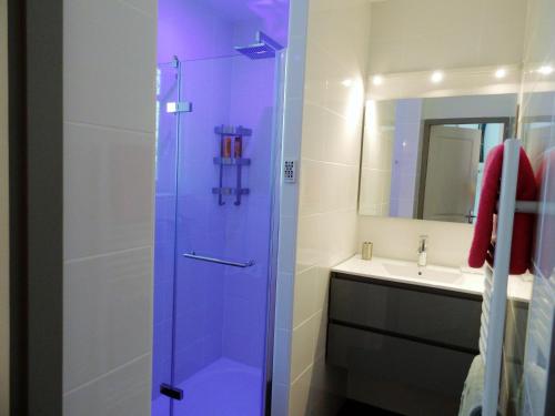 a bathroom with a shower and a sink at Moulin de la Fayolle in Blot-lʼÉglise