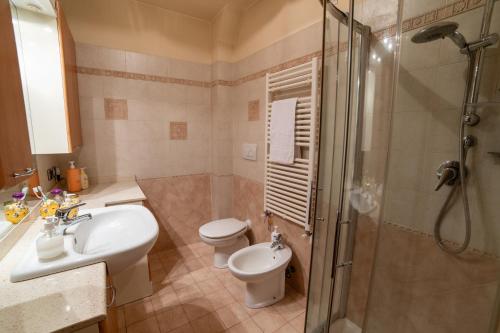 a bathroom with a toilet and a sink and a shower at Tuscia Holidays in Zepponami