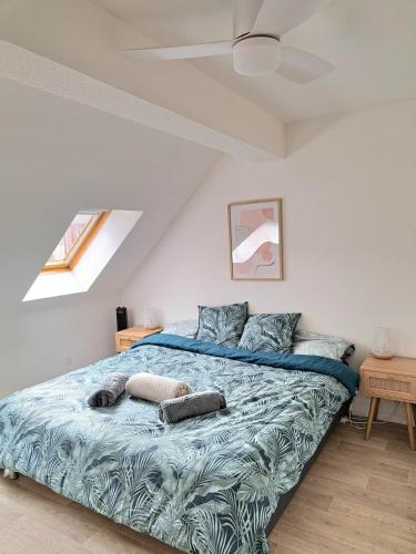 a bedroom with a large bed with blue sheets at Chez Vincent - Centre Historique de Colmar avec parking inclus in Colmar