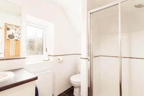 a white bathroom with a toilet and a shower at Hunter Heights Loft – Near Ventnor, Isle of Wight in Wroxall