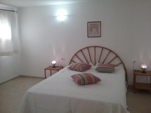 a bedroom with a white bed with two pillows on it at Villa Lilly 2 in Punta Molara