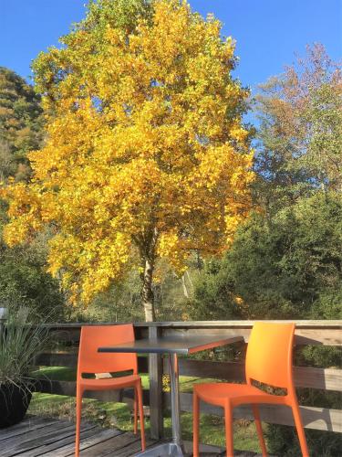 two chairs and a table in front of a tree at Moulin de la Fayolle in Blot-lʼÉglise