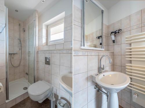 two pictures of a bathroom with a sink and a toilet at Küstenglück in Neustadt in Holstein