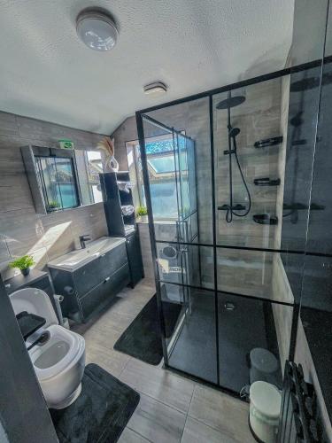 a bathroom with a shower and a toilet and a sink at Eugino Properties in Grays Thurrock