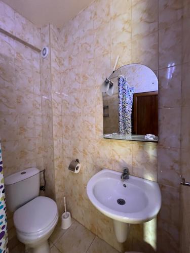 a bathroom with a sink and a toilet and a mirror at Kompleks Koral Konak in Prezhda