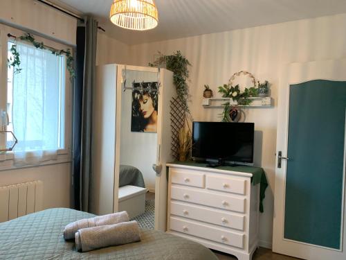 une chambre avec une commode avec une télévision et une commode avec un miroir dans l'établissement Chez lolo, à Villers-sur-Mer