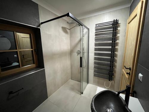 a bathroom with a glass shower and a sink at TANAs Almhütte in Flattnitz