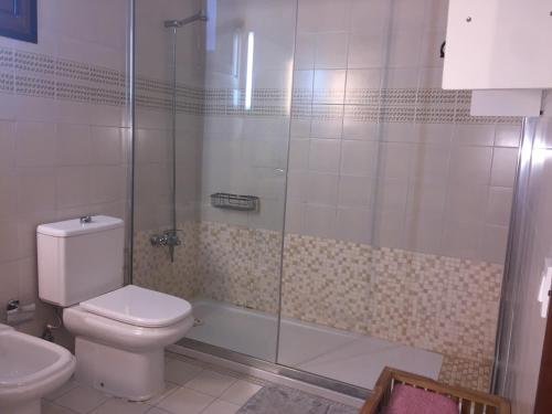 a bathroom with a toilet and a glass shower at Casa Corralejo a 40 m playa in Corralejo