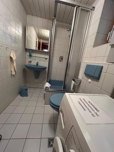 a small bathroom with a toilet and a sink at Turm an der Mauer in Ellwangen
