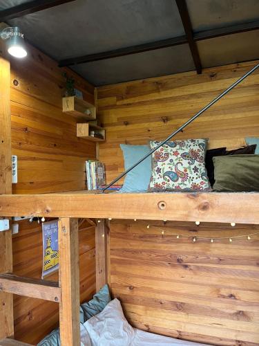 a bunk bed in a cabin with wooden walls at Green Box - be in nature with direct train to Porto in Valongo