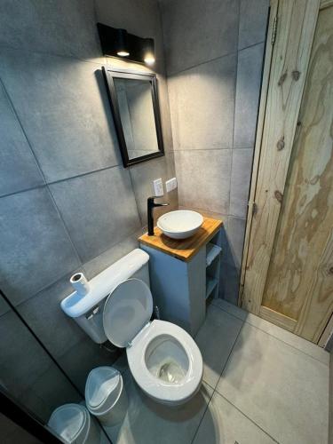 a small bathroom with a toilet and a sink at Stone Tiny Chalten Nordic Cabin Patagonia - Arg in El Chalten