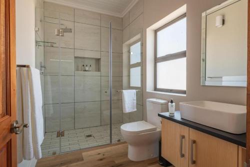 a bathroom with a shower and a toilet and a sink at Quagga River Lodge in Velddrif