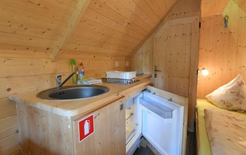 a kitchen with a sink in a wooden cabin at NATURAMA Brombachsee Trollwald in Pleinfeld