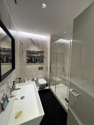 a bathroom with a shower and a sink and a toilet at Brera Elegant in Milan