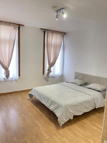a bedroom with a bed and two windows at Deux chambres disponibles pour vous in Aalst