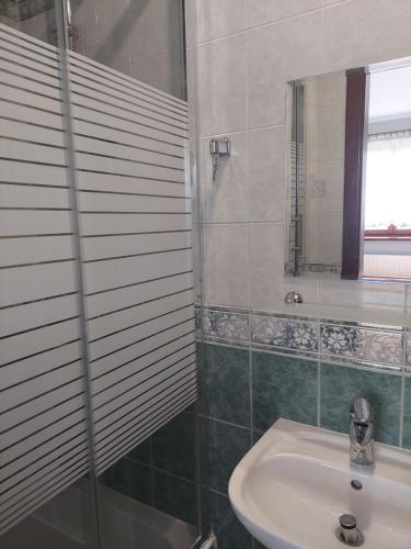 a bathroom with a sink and a mirror at Agroturystyka Zielony Ogród in Ścinawka Średnia